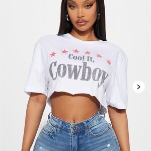 Fashion nova cool it cowboy graphic white crop tee